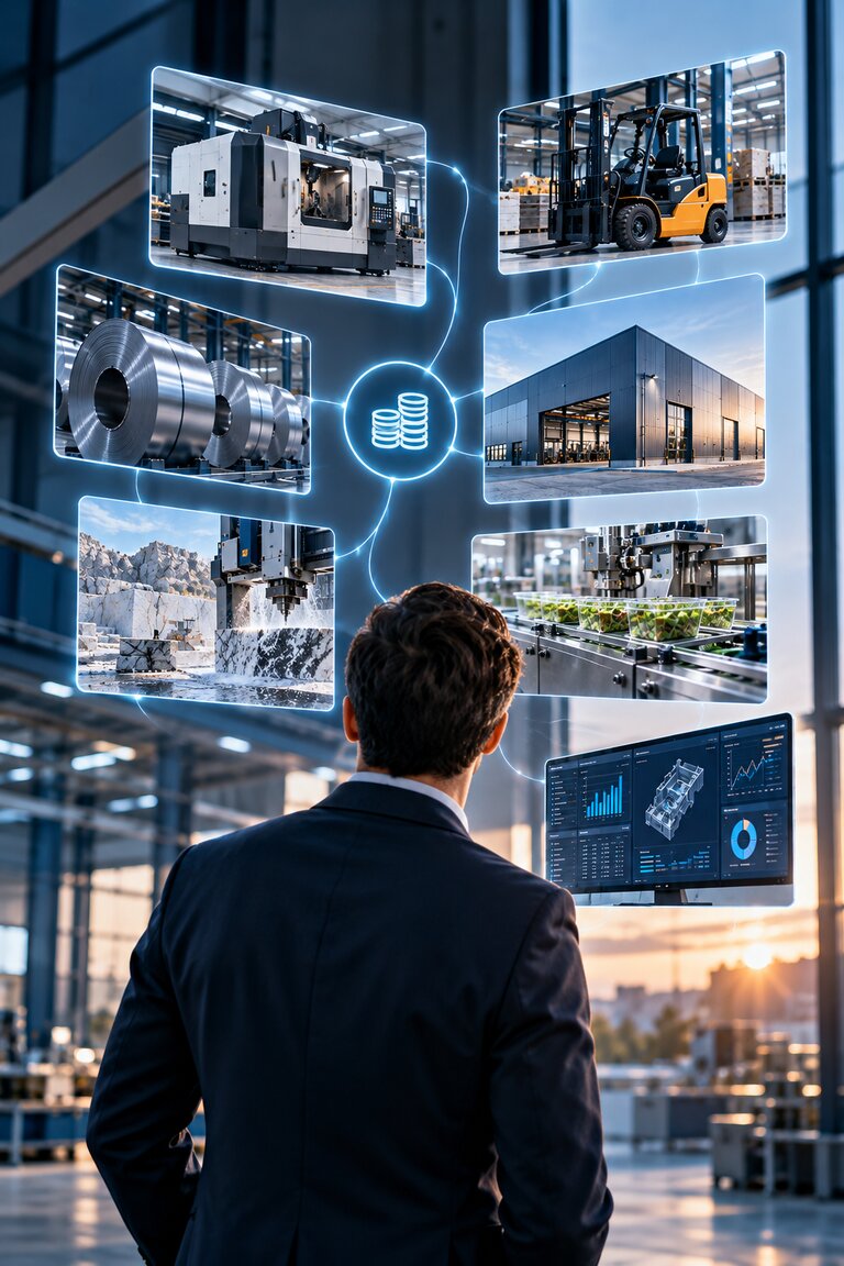 Dirigeant face à une sélection d’équipements industriels financés : usinage, levage, bâtiment, métaux, pierre, agroalimentaire et ERP